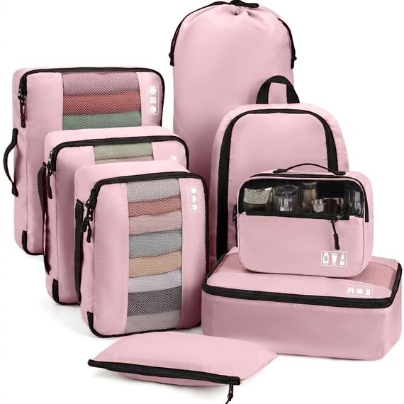MURISE Koffer Organizer 8 Stück, Packing Cubes für Urlaub und Reisen, Packwürfel Packtaschen für Koffer, mit Schuhtasche Kosmetiktasche, Ordnungssystem, Travel Essentials, Rosa