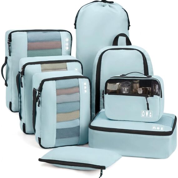 MURISE Koffer Organizer 8 Stück, Packing Cubes für Urlaub und Reisen, Packwürfel Packtaschen für Koffer, mit Schuhtasche Kosmetiktasche, Ordnungssystem, Travel Essentials, Hellblau