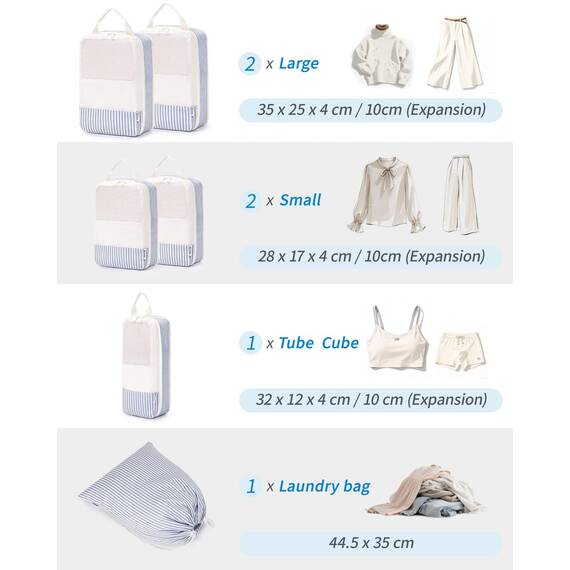 Narwey 6 Teilige Koffer Organizer Set, Compression Packing Cubes Backpack Packwürfel Rucksack Kofferorganizer Packtaschen Set Kompression für Koffer, Travel Essentials Organizer (Graublaue Streifen)