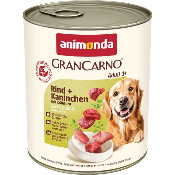 animonda GranCarno Hunde Nassfutter mit Rind + Kaninchen mit Kräutern (6 x 800 g), getreidefreies Hundenassfutter ohne Zucker, für ausgewachsene Hunde, mit fleischigen Zutaten