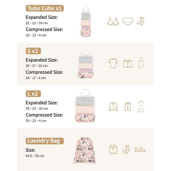 Narwey 6 Teilige Koffer Organizer Set, Compression Packing Cubes Backpack Packwürfel Rucksack Kofferorganizer Packtaschen Set Kompression für Koffer, Travel Essentials Organizer (Beiger Flamingo)