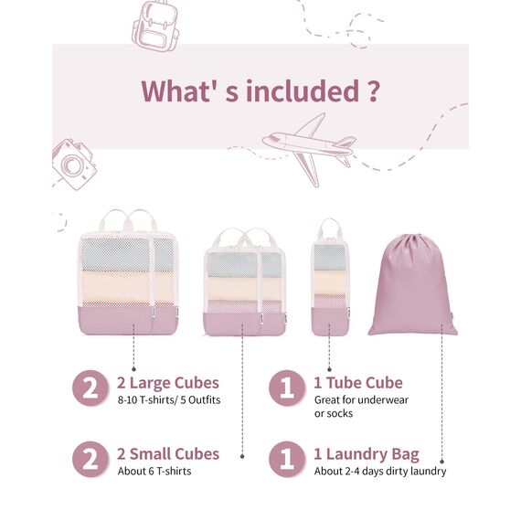 Narwey 6 Teilige Koffer Organizer Set, Compression Packing Cubes Backpack Packwürfel Rucksack Kofferorganizer Packtaschen Set Kompression für Koffer, Travel Essentials Organizer (Altrosa)