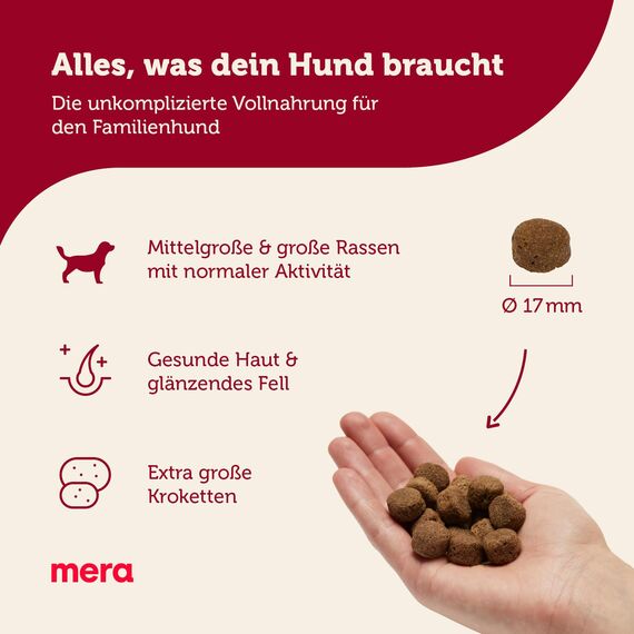 MERA Essential Brocken, Hundefutter trocken für alle Hunderassen, Trockenfutter mit Geflügel Protein, gesundes Futter mit Omega-3 und Omega-6, große Kroketten, 12.5kg