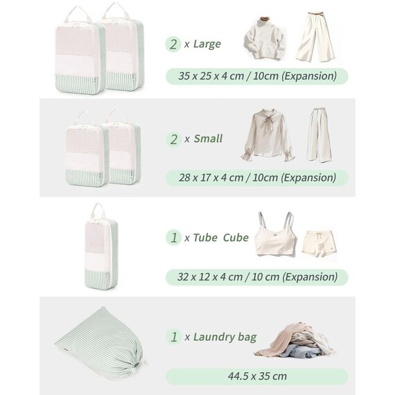 Narwey 6 Teilige Koffer Organizer Set, Compression Packing Cubes Backpack Packwürfel Rucksack Kofferorganizer Packtaschen Set Kompression für Koffer, Travel Essentials Organizer (Hellgrüne Streifen)