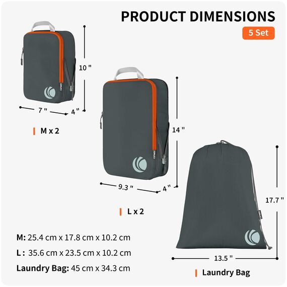 Cipway Kompressions-Packwürfel-Set für Reisen, ultraleichte Verpackungsorganisatoren für Gepäck, Koffer und Rucksack (grau, 5 Stück)