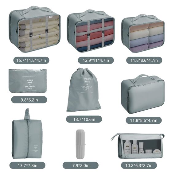 Jsdoin Koffer Organizer Set 9-teilig, Wasserdichte Reise Kleidertaschen, Packtaschen für koffer, Verpackungswürfel mit Kosmetiktasche, Schuhbeutel, Packing Cubes,Reisezubehör (Grau, 9 Pcs)
