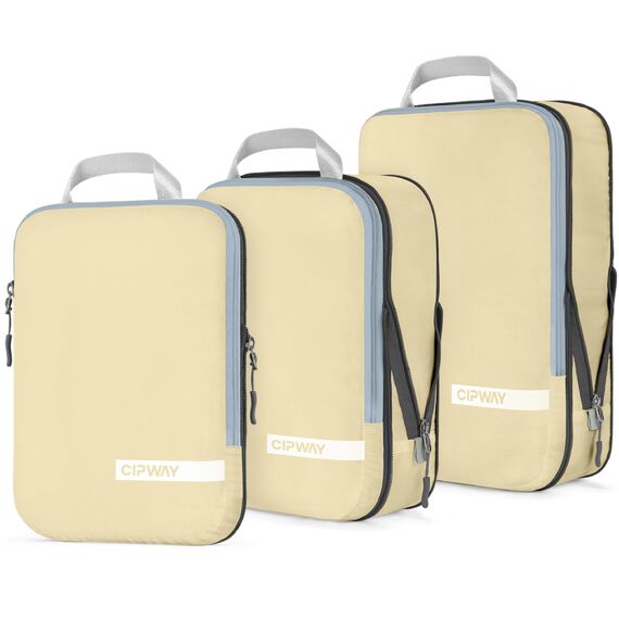 Cipway Kompressions Packwürfel Set für Reisen, Ultraleichter Erweiterbarer Verpackungsorganizer für Handgepäck Koffer (Vanilina Cream, 3 Stück)