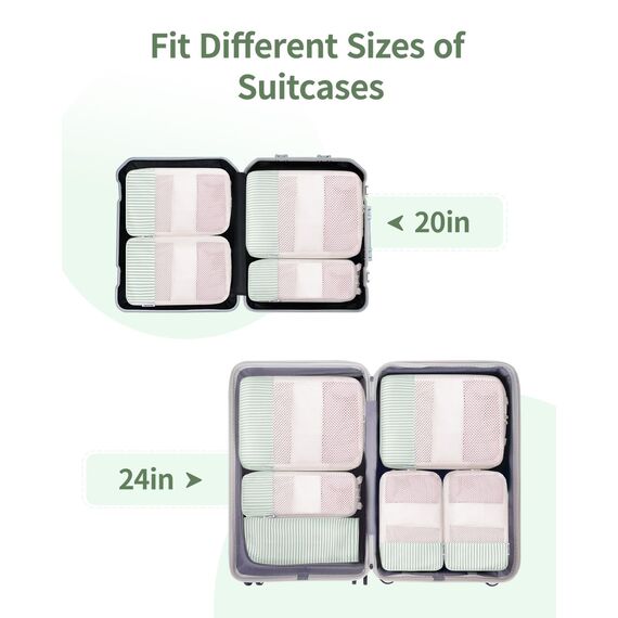 Narwey 6 Teilige Koffer Organizer Set, Compression Packing Cubes Backpack Packwürfel Rucksack Kofferorganizer Packtaschen Set Kompression für Koffer, Travel Essentials Organizer (Hellgrüne Streifen)