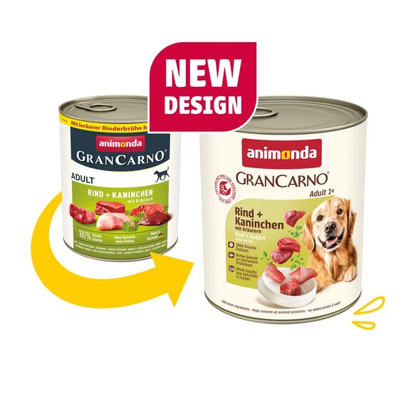 animonda GranCarno Hunde Nassfutter mit Rind + Kaninchen mit Kräutern (6 x 800 g), getreidefreies Hundenassfutter ohne Zucker, für ausgewachsene Hunde, mit fleischigen Zutaten