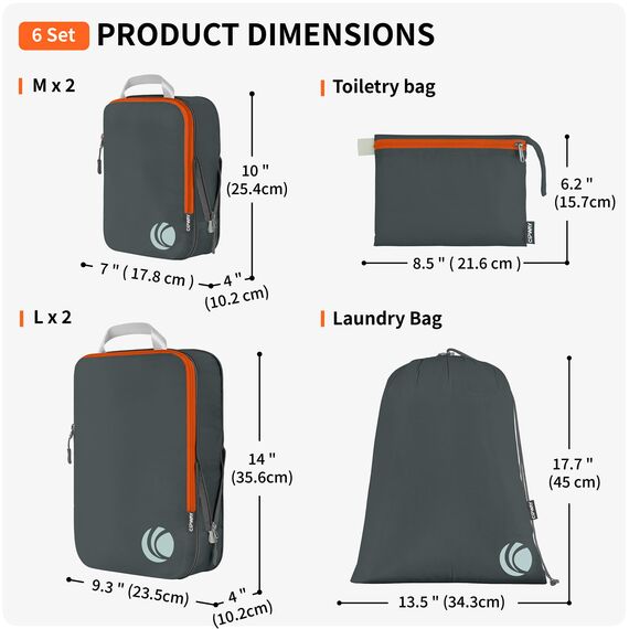 Cipway Kompressions-Packwürfel-Set, ultraleicht, erweiterbar, Reise-Organizer für Handgepäck (grau, 6 Stück)