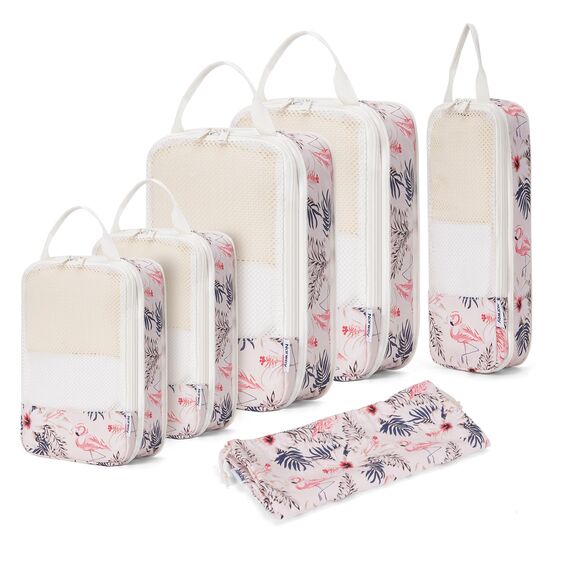 Narwey 6 Teilige Koffer Organizer Set, Compression Packing Cubes Backpack Packwürfel Rucksack Kofferorganizer Packtaschen Set Kompression für Koffer, Travel Essentials Organizer (Beiger Flamingo)