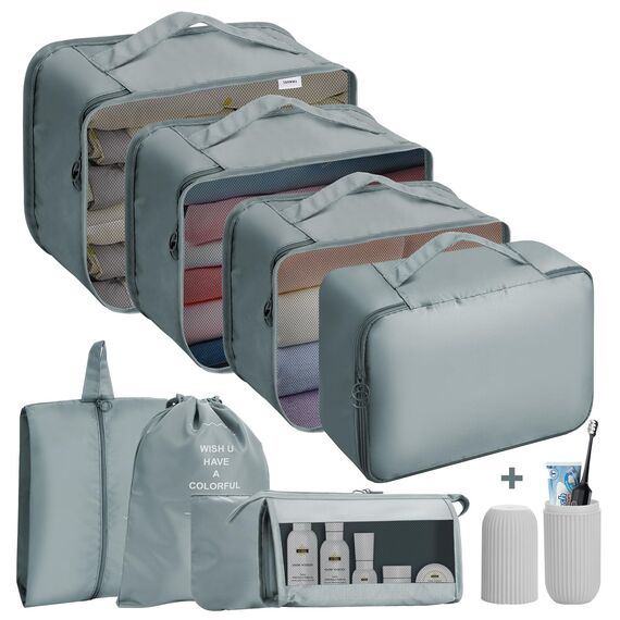 Jsdoin Koffer Organizer Set 9-teilig, Wasserdichte Reise Kleidertaschen, Packtaschen für koffer, Verpackungswürfel mit Kosmetiktasche, Schuhbeutel, Packing Cubes,Reisezubehör (Grau, 9 Pcs)