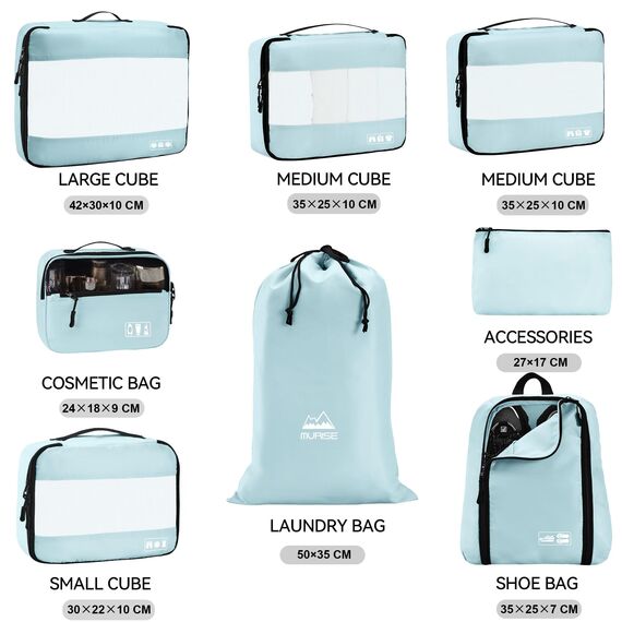 MURISE Koffer Organizer 8 Stück, Packing Cubes für Urlaub und Reisen, Packwürfel Packtaschen für Koffer, mit Schuhtasche Kosmetiktasche, Ordnungssystem, Travel Essentials, Hellblau