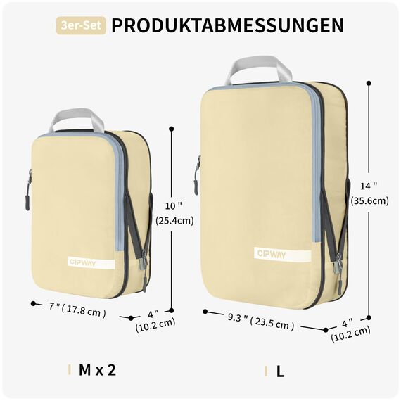 Cipway Kompressions Packwürfel Set für Reisen, Ultraleichter Erweiterbarer Verpackungsorganizer für Handgepäck Koffer (Vanilina Cream, 3 Stück)