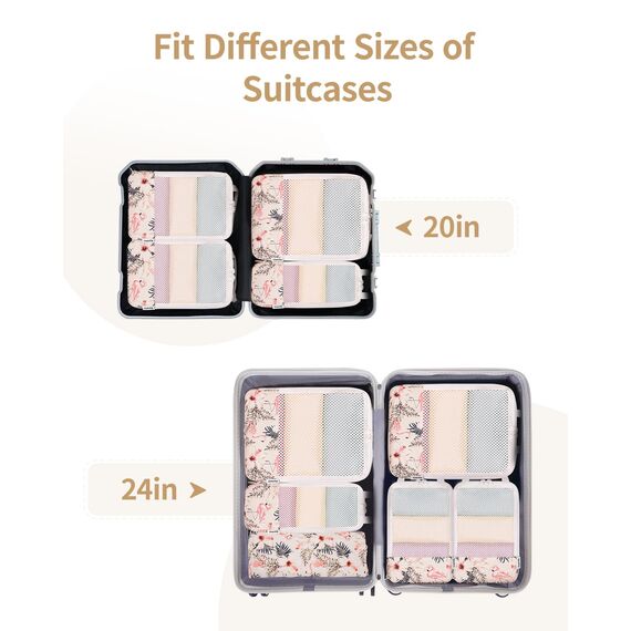 Narwey 6 Teilige Koffer Organizer Set, Compression Packing Cubes Backpack Packwürfel Rucksack Kofferorganizer Packtaschen Set Kompression für Koffer, Travel Essentials Organizer (Beiger Flamingo)