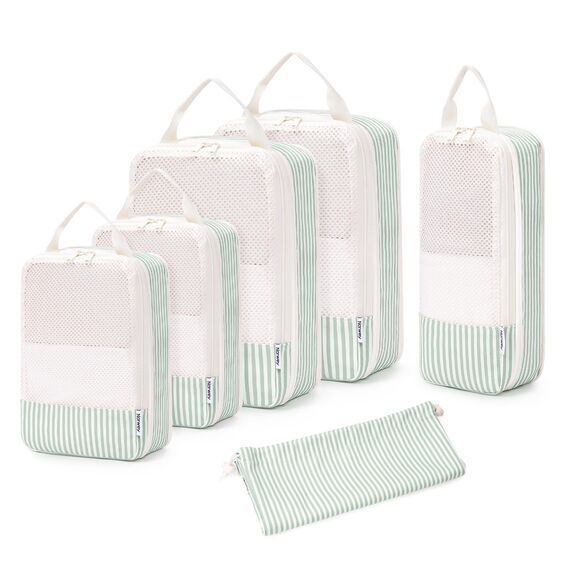 Narwey 6 Teilige Koffer Organizer Set, Compression Packing Cubes Backpack Packwürfel Rucksack Kofferorganizer Packtaschen Set Kompression für Koffer, Travel Essentials Organizer (Hellgrüne Streifen)