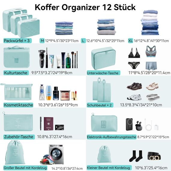 Chijoo 12 teiliges Koffer Organizer Set (Blau) – Packing Cubes Set, Packwürfel, Reise Gadget