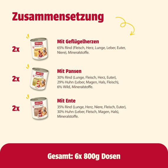 animonda GranCarno Adult Deftige Variation (6 x 800 g), Hundenassfutter für ausgewachsene Tiere, Nassfutter für Hunde mit 100% frischen, fleischlichen Zutaten, Hundefutter ohne Getreide