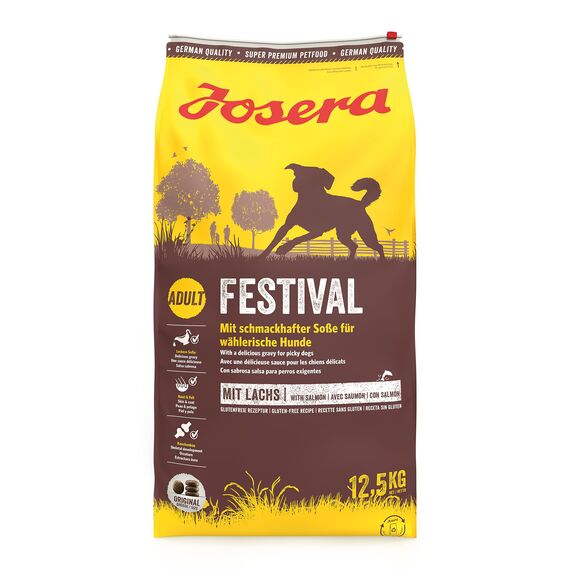 JOSERA Festival (1 x 12,5 kg) | Adult | Premium Trockenfutter für ausgewachsene wählerische Hunde | Lachs & Geflügel | leckerer Soßenmantel - auch zum Einweichen | weizenfrei | Hundefutter | 1er Pack