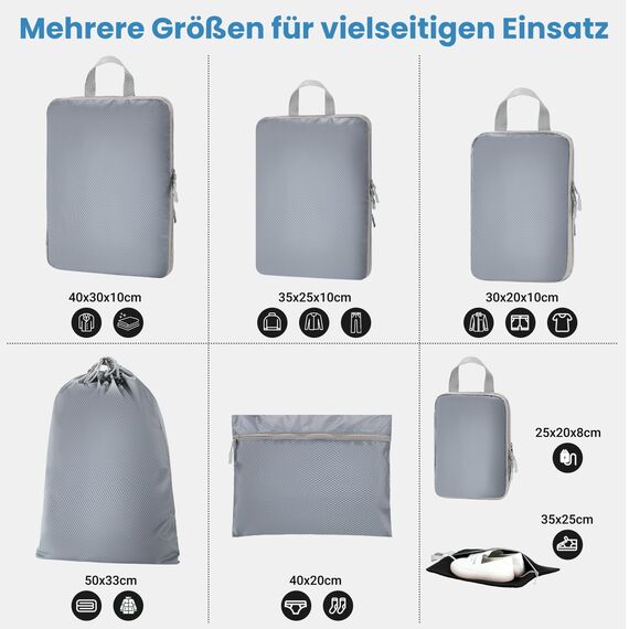 MEUVO Packwürfel Kompression für die Reise - Extrem platzsparender Koffer-Organizer-Set, wasserdichte Packtaschen für Koffer oder Rucksack, 7er-Set Compression Packing Cubes