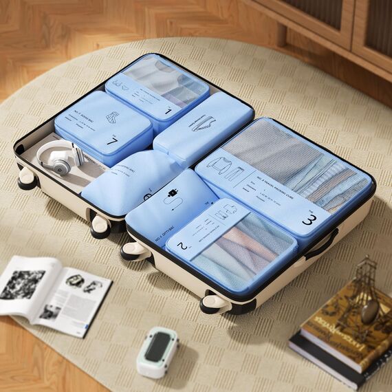 Yomisee Koffer Organizer Set: 7-teilige Packwürfel aus Polyester mit atmungsaktivem Netz, Reißverschluss, für Reise, Kleidung - Blau