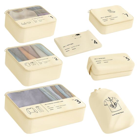 Yomisee - Koffer Organizer, 7 Stück Packwürfel, Kleidertaschen, Reisetaschen, Packtaschen für Koffer, Beige