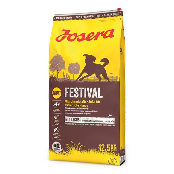 JOSERA Festival (1 x 12,5 kg) | Adult | Premium Trockenfutter für ausgewachsene wählerische Hunde | Lachs & Geflügel | leckerer Soßenmantel - auch zum Einweichen | weizenfrei | Hundefutter | 1er Pack