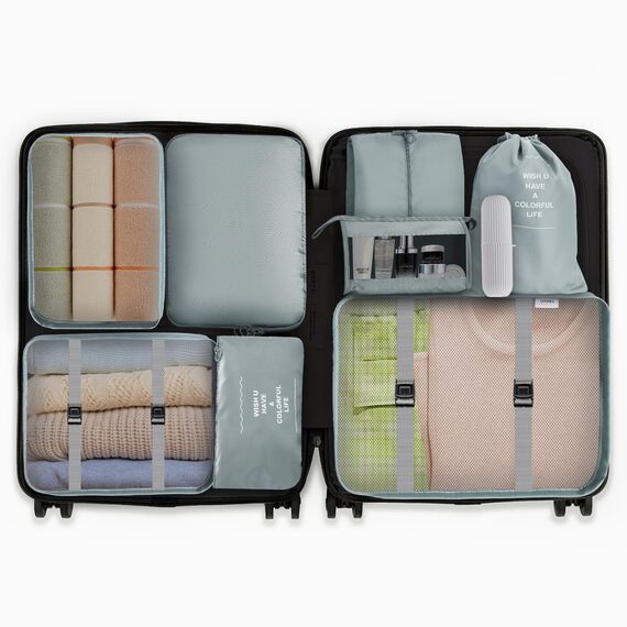 Jsdoin Koffer Organizer Set 9-teilig, Wasserdichte Reise Kleidertaschen, Packtaschen für koffer, Verpackungswürfel mit Kosmetiktasche, Schuhbeutel, Packing Cubes,Reisezubehör (Grau, 9 Pcs)