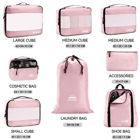 MURISE Koffer Organizer 8 Stück, Packing Cubes für Urlaub und Reisen, Packwürfel Packtaschen für Koffer, mit Schuhtasche Kosmetiktasche, Ordnungssystem, Travel Essentials, Rosa