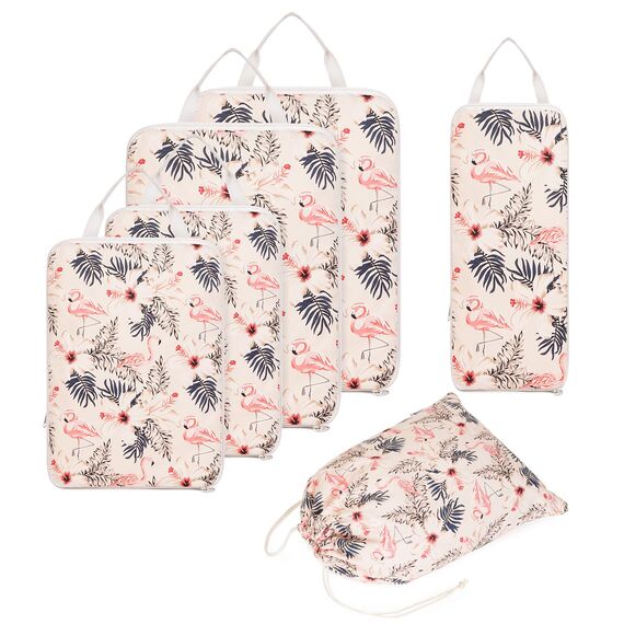 Narwey 6 Teilige Koffer Organizer Set, Compression Packing Cubes Backpack Packwürfel Rucksack Kofferorganizer Packtaschen Set Kompression für Koffer, Travel Essentials Organizer (Beiger Flamingo)