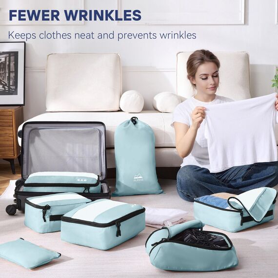 MURISE Koffer Organizer 8 Stück, Packing Cubes für Urlaub und Reisen, Packwürfel Packtaschen für Koffer, mit Schuhtasche Kosmetiktasche, Ordnungssystem, Travel Essentials, Hellblau