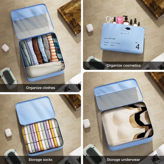 Yomisee Koffer Organizer Set: 7-teilige Packwürfel aus Polyester mit atmungsaktivem Netz, Reißverschluss, für Reise, Kleidung - Blau