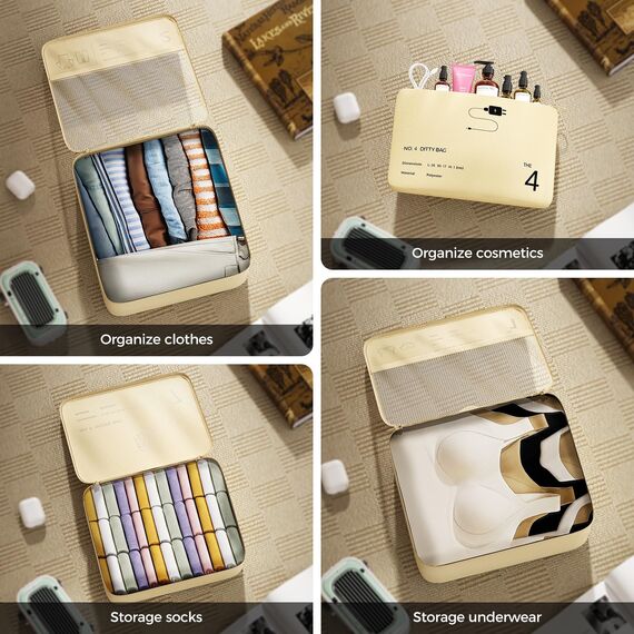 Yomisee - Koffer Organizer, 7 Stück Packwürfel, Kleidertaschen, Reisetaschen, Packtaschen für Koffer, Beige