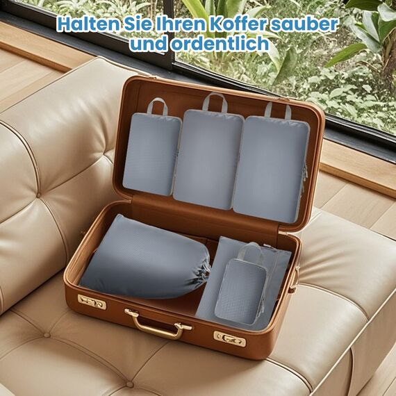 MEUVO Packwürfel Kompression für die Reise - Extrem platzsparender Koffer-Organizer-Set, wasserdichte Packtaschen für Koffer oder Rucksack, 7er-Set Compression Packing Cubes