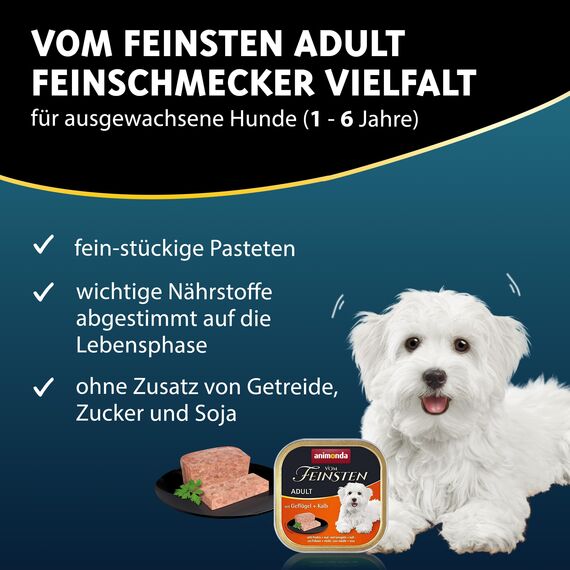animonda Vom Feinsten Adult Feinschmecker Vielfalt (22 x 150 g), Hundenassfutter für ausgewachsene Hunde, Nassfutter für Hunde mit fein-stückigen Pasteten, Hundefutter ohne Getreide