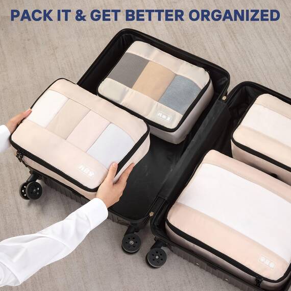 MURISE Koffer Organizer 8 Stück, Packing Cubes für Urlaub und Reisen, Packwürfel Packtaschen für Koffer, mit Schuhtasche Kosmetiktasche, Ordnungssystem, Travel Essentials, Beige