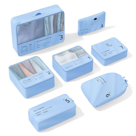 Yomisee Koffer Organizer Set: 7-teilige Packwürfel aus Polyester mit atmungsaktivem Netz, Reißverschluss, für Reise, Kleidung - Blau