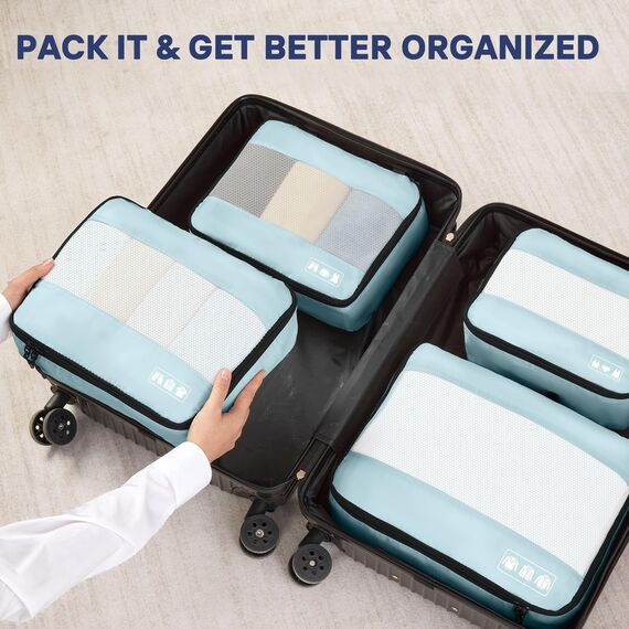 MURISE Koffer Organizer 8 Stück, Packing Cubes für Urlaub und Reisen, Packwürfel Packtaschen für Koffer, mit Schuhtasche Kosmetiktasche, Ordnungssystem, Travel Essentials, Hellblau
