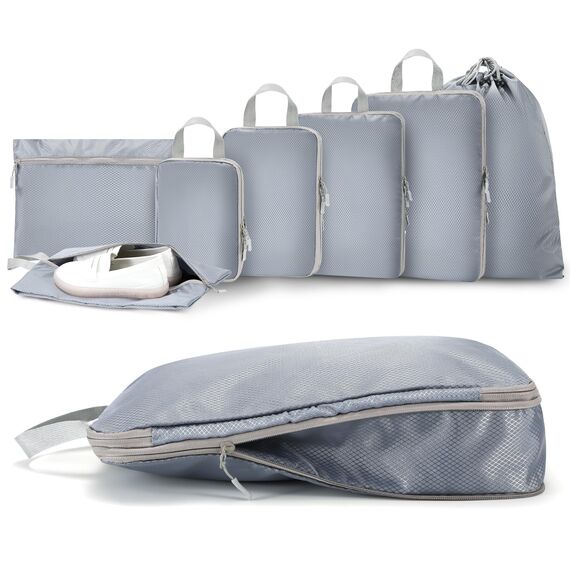MEUVO Packwürfel Kompression für die Reise - Extrem platzsparender Koffer-Organizer-Set, wasserdichte Packtaschen für Koffer oder Rucksack, 7er-Set Compression Packing Cubes