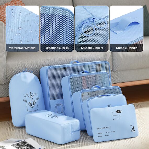 Yomisee Koffer Organizer Set: 7-teilige Packwürfel aus Polyester mit atmungsaktivem Netz, Reißverschluss, für Reise, Kleidung - Blau