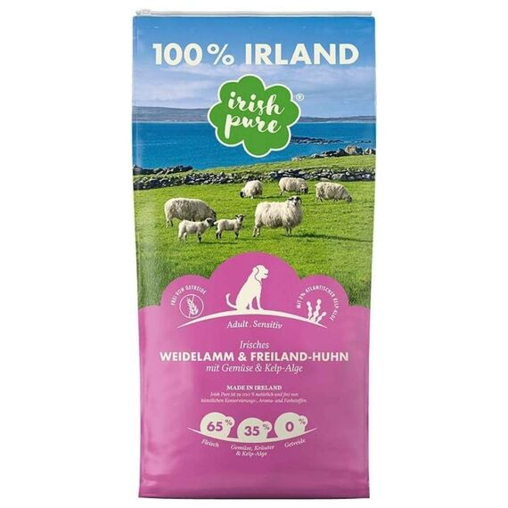 Irish Pure Trockenfutter Adult | 12kg | Weidelamm & Freiland-Huhn mit Kelp-Alge | Hoher Fleischanteil | Getreidefrei | Sensitiv | Hundetrockenfutter | Hundefutter für alle Rassen
