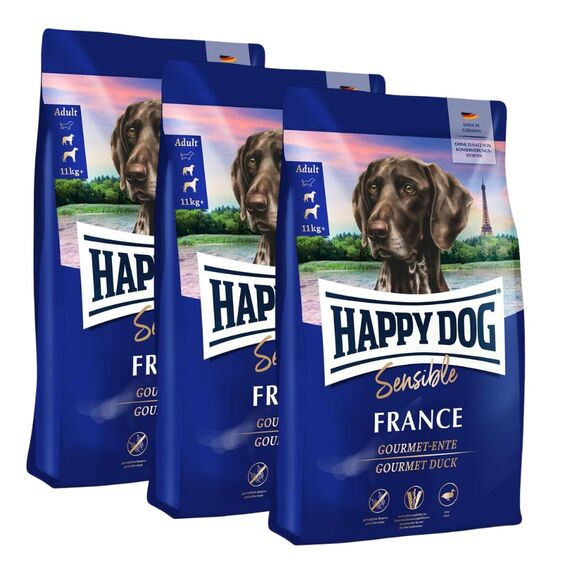 Happy Dog Sensible France M 3X 4 kg - Trockenfutter, Geschmacksrichtung Gourmet Ente