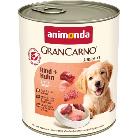 animonda GranCarno Junior Rind + Huhn (6 x 800 g), Welpenfutter für Junge Hunde, Nassfutter für Hunde mit 100% frischen, fleischlichen Zutaten, Junior Hundefutter ohne Getreide