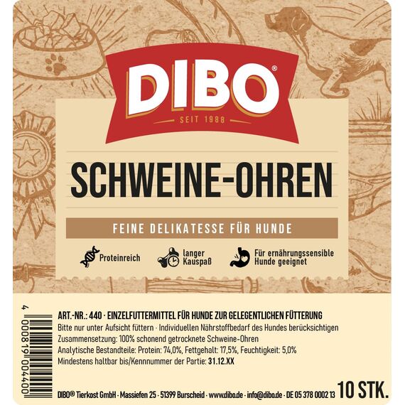 DIBO Schweineohren, 10 Stück im Beutel, der kleine Naturkau-Snack oder Leckerli für Zwischendurch, Hundefutter, Qualitätskauartikel ohne Chemie