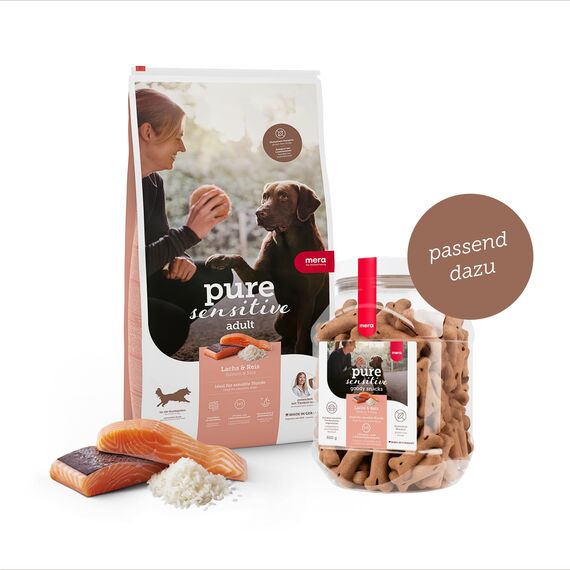 MERA Pure Sensitive Lachs & Reis, Hundefutter trocken für Sensible Hunde, Trockenfutter aus Lachs und Reis, Futter für ausgewachsenen Hund, ohne Weizen und Zucker (12,5 kg)