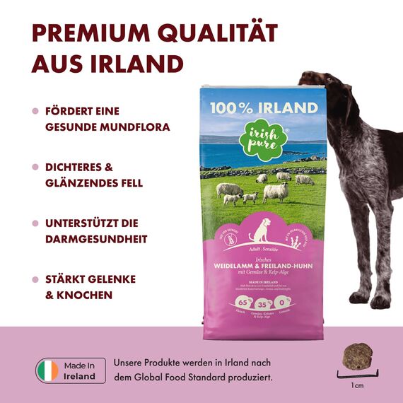 Irish Pure Trockenfutter Adult | 12kg | Weidelamm & Freiland-Huhn mit Kelp-Alge | Hoher Fleischanteil | Getreidefrei | Sensitiv | Hundetrockenfutter | Hundefutter für alle Rassen