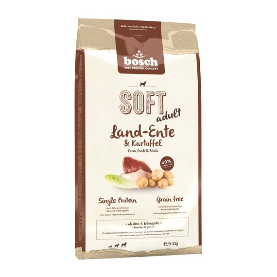 bosch HPC SOFT Land-Ente & Kartoffel | halbfeuchtes Hundefutter für ausgewachsene Hunde aller Rassen | Single Protein | grain-free | 1 x 12.5 kg