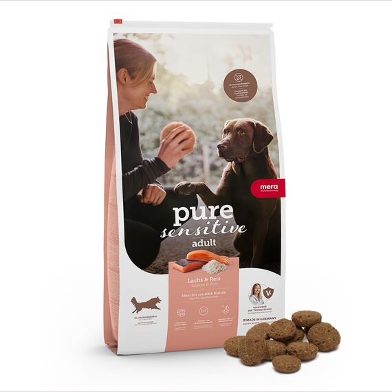 MERA Pure Sensitive Lachs & Reis, Hundefutter trocken für Sensible Hunde, Trockenfutter aus Lachs und Reis, Futter für ausgewachsenen Hund, ohne Weizen und Zucker (12,5 kg)