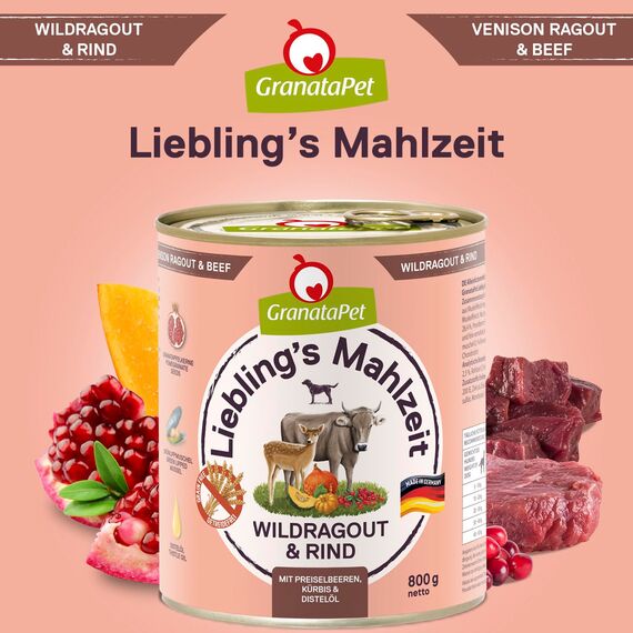 GranataPet Liebling's Mahlzeit Multipack 2, Nassfutter für Hunde im Probierpaket, Alleinfuttermittel ohne Getreide, Hundefutter mit hohem Fleischanteil & hochwertigen Ölen, 6 x 800 g