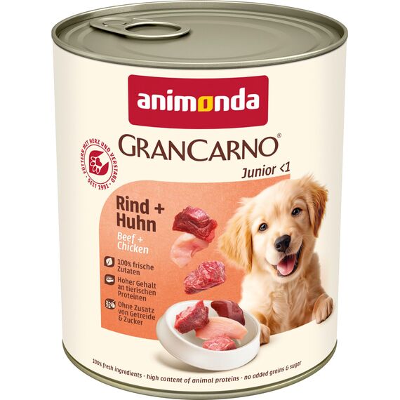 animonda GranCarno Junior Rind + Huhn (6 x 800 g), Welpenfutter für Junge Hunde, Nassfutter für Hunde mit 100% frischen, fleischlichen Zutaten, Junior Hundefutter ohne Getreide